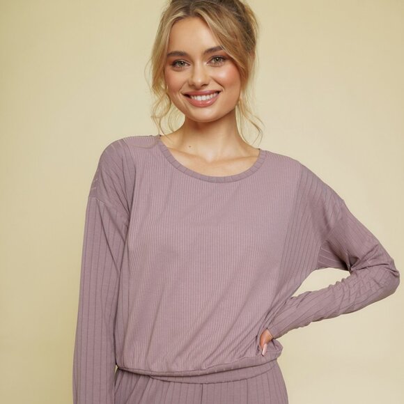 MYSTREE Mauve Ribbed Long Sleeve Top, Soft Lounge Pullover - Picture 1 of 8